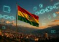 Una bandera de Bolivia domina sobre la ciudad de La Paz. Se observan logos traslúcidos de bitcoin y cadenas evocando blockchain.