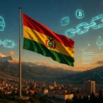 Una bandera de Bolivia domina sobre la ciudad de La Paz. Se observan logos traslúcidos de bitcoin y cadenas evocando blockchain.