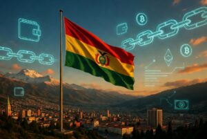 Una bandera de Bolivia domina sobre la ciudad de La Paz. Se observan logos traslรบcidos de bitcoin y cadenas evocando blockchain.
