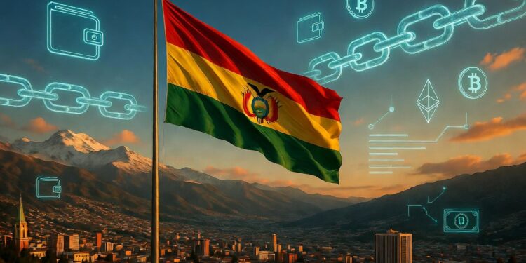Una bandera de Bolivia domina sobre la ciudad de La Paz. Se observan logos traslúcidos de bitcoin y cadenas evocando blockchain.