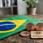 Bandera de Brasil junto al logo y monedas de Cardano sobre un escritorio.