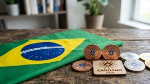 Bandera de Brasil junto al logo y monedas de Cardano sobre un escritorio.
