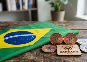 Bandera de Brasil junto al logo y monedas de Cardano sobre un escritorio.