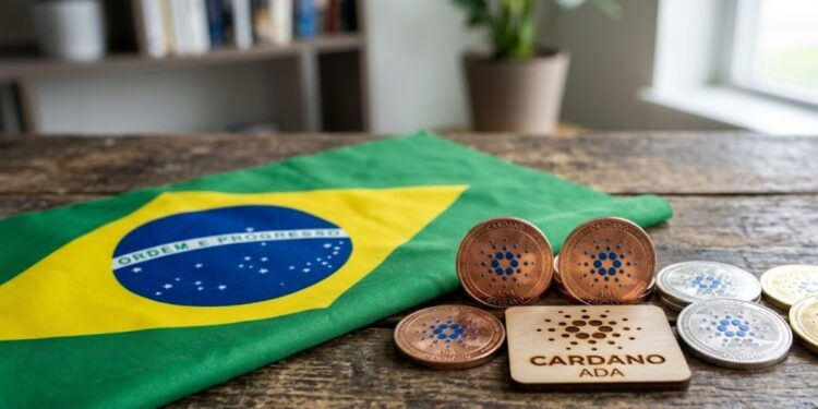 Bandera de Brasil junto al logo y monedas de Cardano sobre un escritorio.