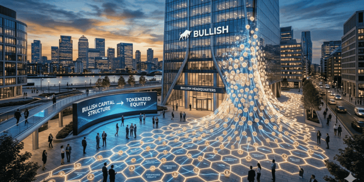Un edificio corporativo de Bullish con un entorno que hace alusión a la tokenización.