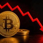 Moneda de bitcoin con una flecha roja cayendo