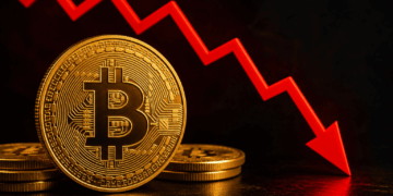 Moneda de bitcoin con una flecha roja cayendo