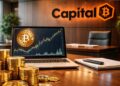 Oficina de Capital B con monedas de bitcoin doradas y gráfico alcista en laptop sobre escritorio corporativo.