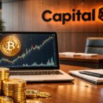Oficina de Capital B con monedas de bitcoin doradas y gráfico alcista en laptop sobre escritorio corporativo.