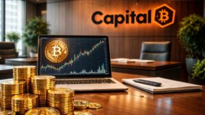 Oficina de Capital B con monedas de bitcoin doradas y gráfico alcista en laptop sobre escritorio corporativo.