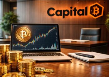 Oficina de Capital B con monedas de bitcoin doradas y gráfico alcista en laptop sobre escritorio corporativo.