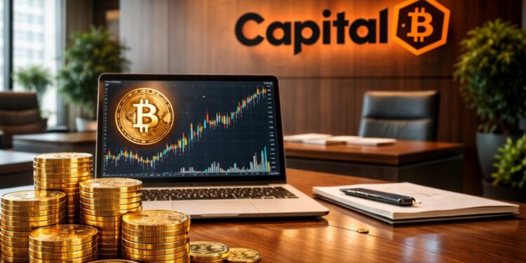 Oficina de Capital B con monedas de bitcoin doradas y grรกfico alcista en laptop sobre escritorio corporativo.