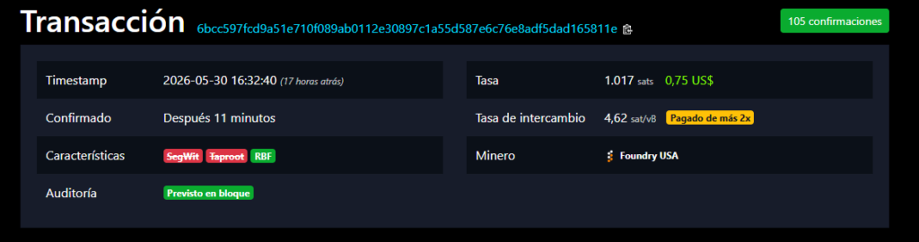 Screenshot of the Mempool explorer showing the redemption transaction for a 1 BTC Casascius coin.