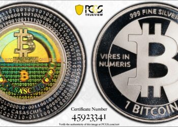Moneda física Casascius de 1 Bitcoin mostrada por ambas caras.