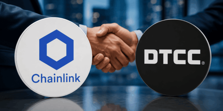 En primer plano, logos de chainlink y DTCC. En el fondo, un apretรณn de manos.