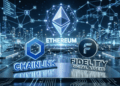 En un escenario futurista se ven los logos de Chainlink, Fidelity y Ethereum.