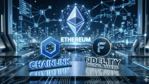 En un escenario futurista se ven los logos de Chainlink, Fidelity y Ethereum.