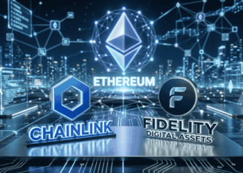 En un escenario futurista se ven los logos de Chainlink, Fidelity y Ethereum.