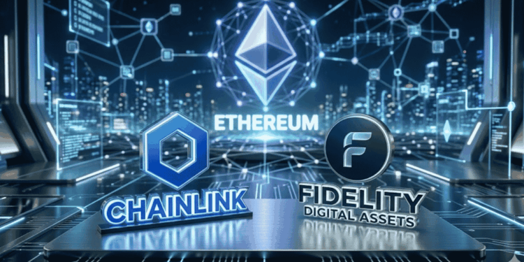 En un escenario futurista se ven los logos de Chainlink, Fidelity y Ethereum.