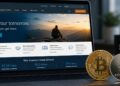 Una pantalla de computadora que muestra el sitio de Charles Schwab junto a una moneda física de bitcoin y otra de ethereum.