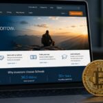 Una pantalla de computadora que muestra el sitio de Charles Schwab junto a una moneda física de bitcoin y otra de ethereum.