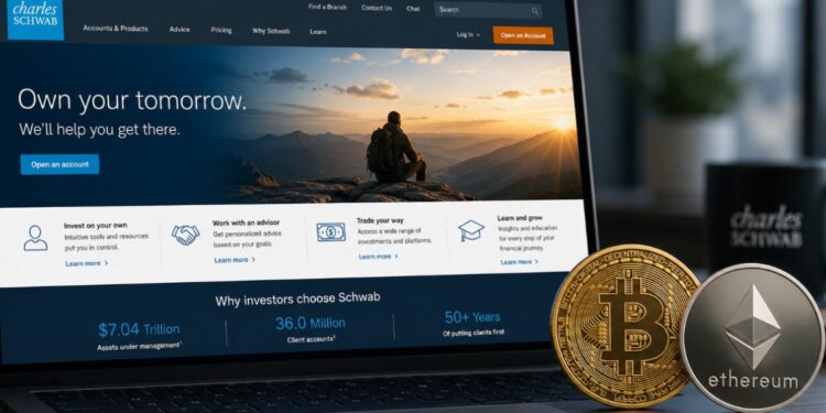 Una pantalla de computadora que muestra el sitio de Charles Schwab junto a una moneda física de bitcoin y otra de ethereum.