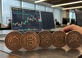 Cinco monedas de bronce con los logos de DODO, HEI, HFT, SYN y TLM alineadas sobre un escritorio frente a una pantalla con gráficos financieros de Binance.