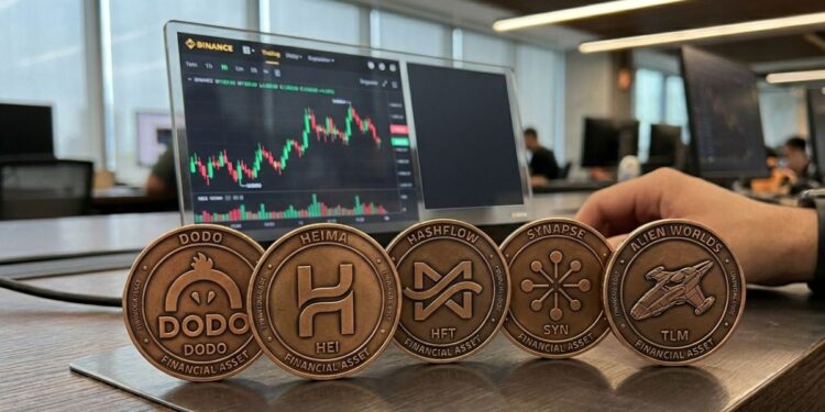 Cinco monedas de bronce con los logos de DODO, HEI, HFT, SYN y TLM alineadas sobre un escritorio frente a una pantalla con gráficos financieros de Binance.