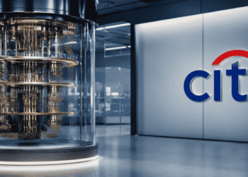 EL logo de citi al lado de una computadora cuántica.