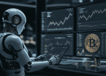 Inteligencia artificial (un robot) gestionando compras de BTC y haciendo análisis de datos.