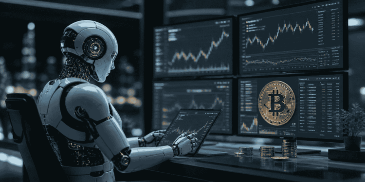 Inteligencia artificial (un robot) gestionando compras de BTC y haciendo análisis de datos.