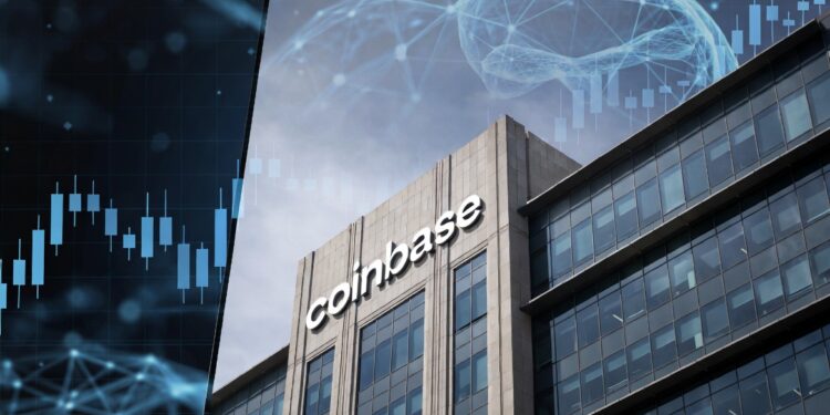 El logo de coinbase se muestra en el tope de un edificio en el que se aprecian grรกficos de precio de criptomonedas