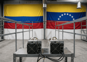 En primer plano: equipos de minería de Bitcoin. En el fondo: banderas de Colombia y Venezuela.
