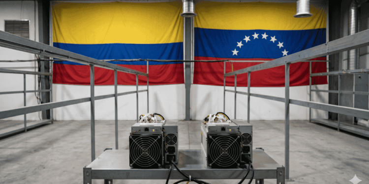 En primer plano: equipos de minería de Bitcoin. En el fondo: banderas de Colombia y Venezuela.