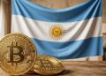Moneda de bitcoin con la bandera de Argentina en el fondo.