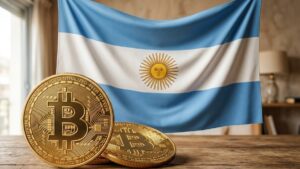 Moneda de bitcoin con la bandera de Argentina en el fondo.