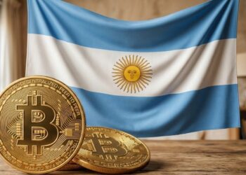 Moneda de bitcoin con la bandera de Argentina en el fondo.