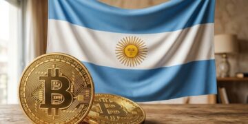 Moneda de bitcoin con la bandera de Argentina en el fondo.