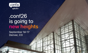 Banner de ".conf26 splunk" anunciando evento en Denver con cielo estrellado de fondo.