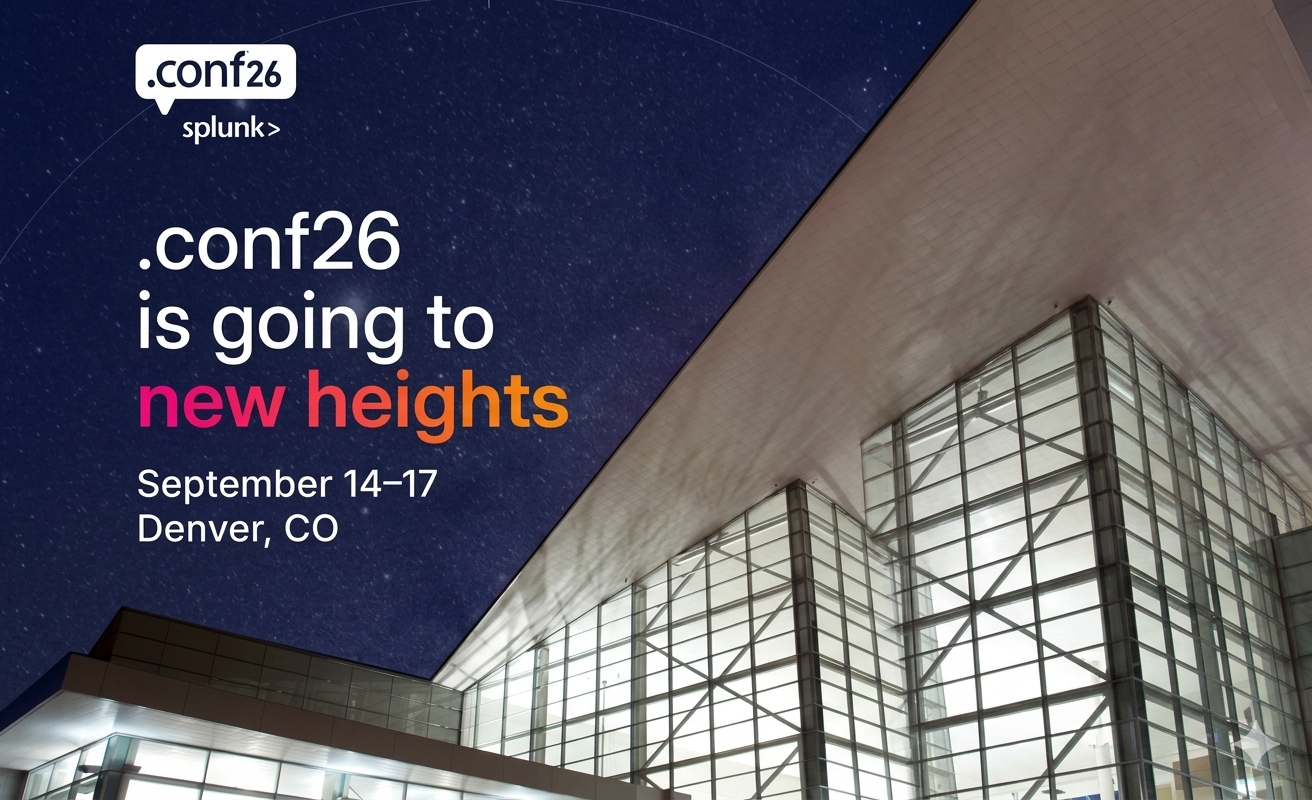 Banner de ".conf26 splunk" anunciando evento en Denver con cielo estrellado de fondo.