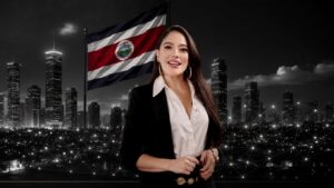 La abogada Stephanie Sánchez posa para la foto y al fondo hay una bandera de Costa Rica y edificios estilo rascacielos.