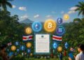 diferentes criptomonedas flotan junto con banderas de Costa Rica sobre una vista apaisada de, al fondo se observa un volcán