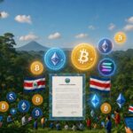 diferentes criptomonedas flotan junto con banderas de Costa Rica sobre una vista apaisada de, al fondo se observa un volcán