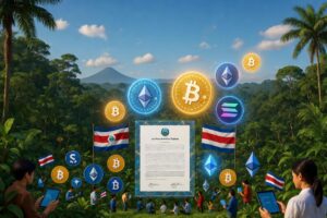 diferentes criptomonedas flotan junto con banderas de Costa Rica sobre una vista apaisada de, al fondo se observa un volcán