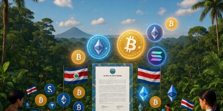 diferentes criptomonedas flotan junto con banderas de Costa Rica sobre una vista apaisada de, al fondo se observa un volcán