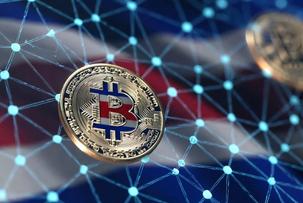 Foto horizontal realista de una moneda de criptomoneda digital brillante con conexiones de red blockchain, textura sutil de la bandera de Costa Rica al fondo.