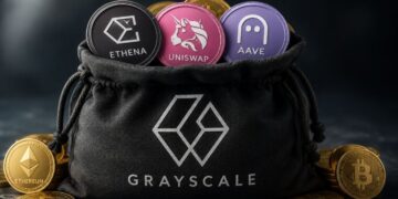Criptomonedas físicas de ethena, uniswap y aave dentro de una bolsa que tiene el logo de Grayscale.