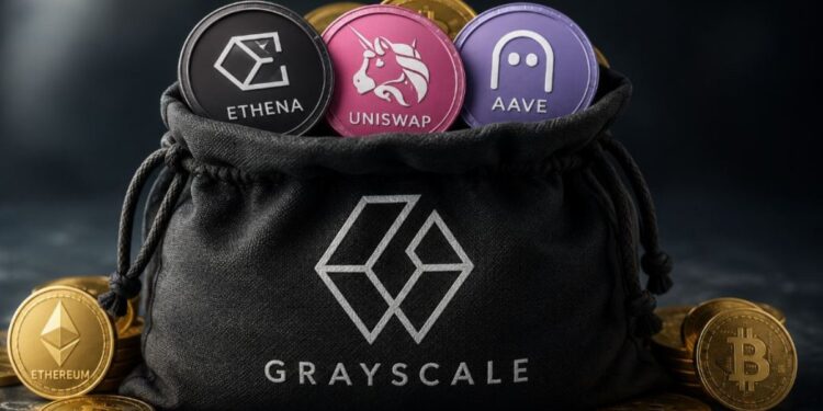 Criptomonedas físicas de ethena, uniswap y aave dentro de una bolsa que tiene el logo de Grayscale.