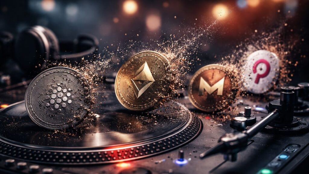 Monedas de Cardano, Ethereum, Monero y Polkadot desintegrándose sobre una tornamesa DJ.