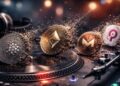 Monedas de Cardano, Ethereum, Monero y Polkadot desintegrándose sobre una tornamesa DJ.